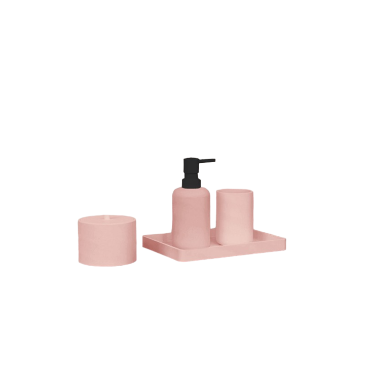Комплект аксесоари за баня Inter Ceramic Роза ICCA 55663 Pink, Поставка/Чаша/Диспенсър за сапун/Кутия, Свободно стоящ, Полирезин, 23x20x18cm, Мат, Розов, 4 Броя