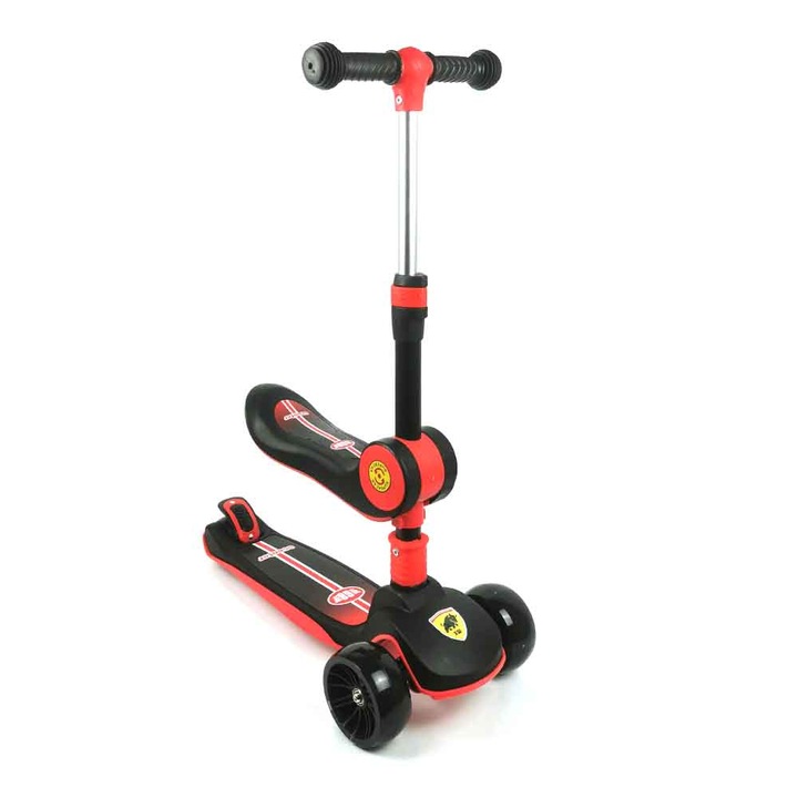 Trotineta copii, Cu scaun, Pliabila, Luminoasa, Negru/Rosu