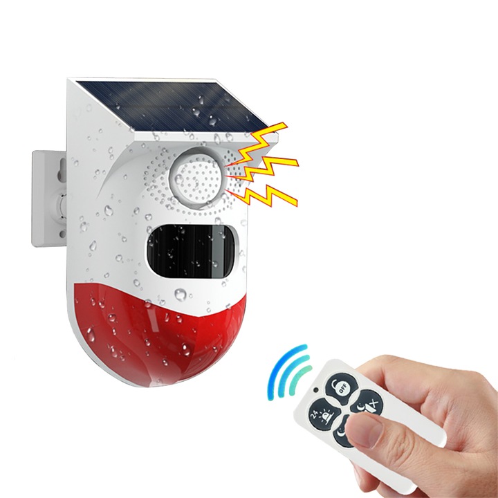 Napelemes készlet mozgásérzékelővel, kültéri riasztó sziréna távirányítóval 120 db Hangbiztonsági sziréna lámpa IP65 vízálló otthonra, farmra, pajtára, villára, udvarra, WALALLA