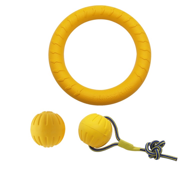 Set jucarii animale, 3 piese, EVA, minge, circ, franghie, pentru caini mici si medii, galben