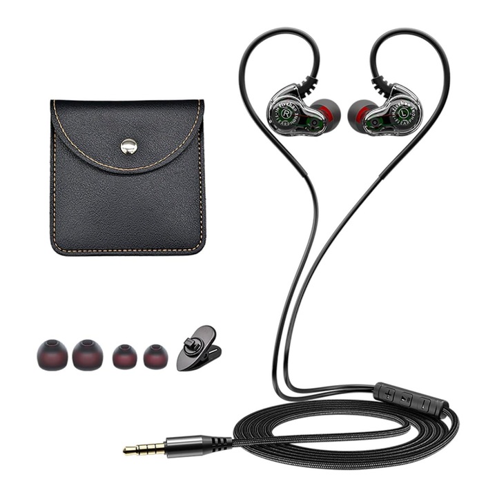 Fülbe helyezhető sport vezetékes fejhallgató, 1BA+1DD, Hibrid egység, HI-RES Audio, Monitor, Sport, Zajszűrés, enkourakoko®, Kristályfekete mikrofon