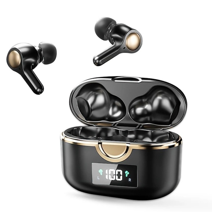 Vezeték nélküli fülhallgató, vízálló, érintésvezérlés, LED világítás, zajszigetelés, fekete, 30 órás autonómia