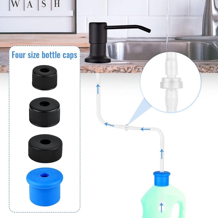 Dozator De Sapun Pentru Chiuveta, Zggzerg, Cu furtun de silicon de 1m, Anti rugina, Rezistenta la coroziune, Rotatie la 360°, Usor de instalat si curatat, Pentru Sapun, sampon, detergent, Otel inoxidabil/Plastic, Negru