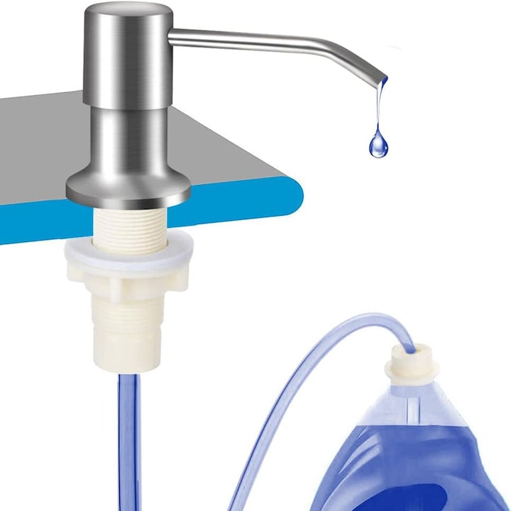 Dozator De Sapun Pentru Chiuveta, Zggzerg, Cu furtun de silicon de 1.2m, Anti rugina, Rezistenta la coroziune, Rotatie la 360°, Usor de instalat si curatat, Pentru Sapun, sampon, detergent, Otel inoxidabil/Plastic, Argintiu