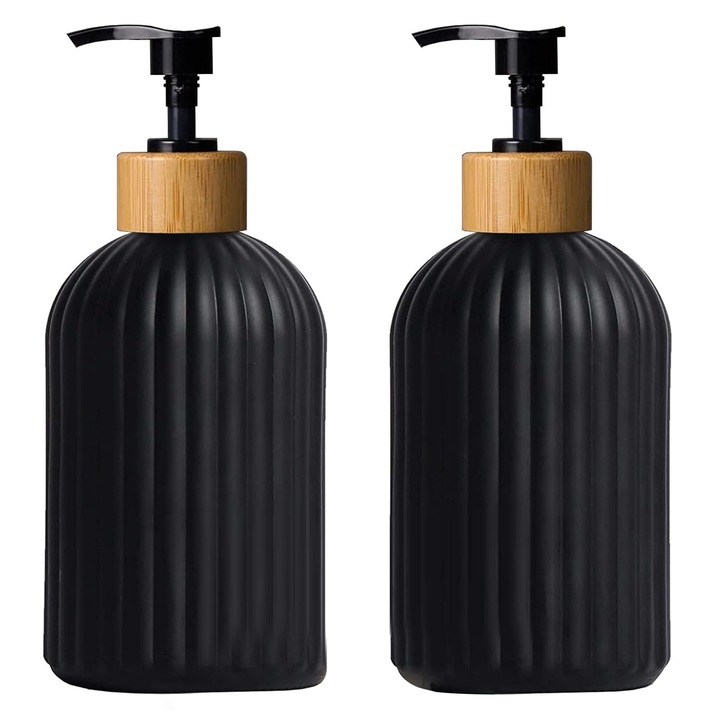 2 db folyékony szappan adagoló készlet, Zggzerg, Újrafelhasználható, Fa pumpafej, Csúszásgátló, Könnyen felszerelhető és tisztítható, Tartós, Samponhoz, balzsamhoz és tusfürdőhöz, 500 ml, PET, 76 x 188 mm, Fekete