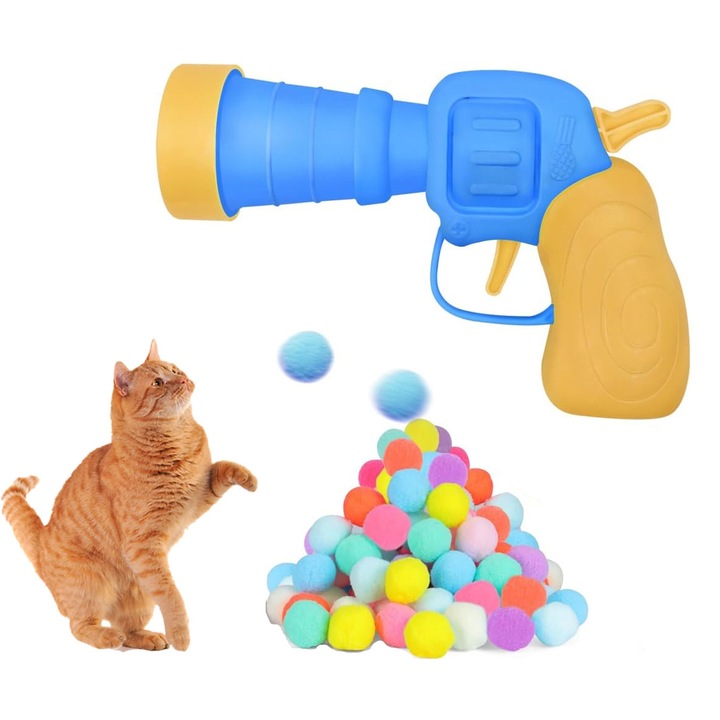 Lansator De Bile Pentru Pisici, Zggzerg, Jucarie pentru pisici interactive pentru interior, 30 bile pufoase colorate, Rezistenta la muscaturi, Folosit pentru training chase, Plastic/Poliester, 15 x 18 x 6cm, Multicolor