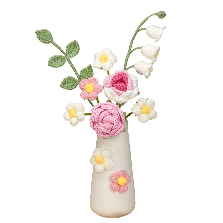 Floare crosetata manual din lana roz cu vaza ceramica decorativa 20x15cm
