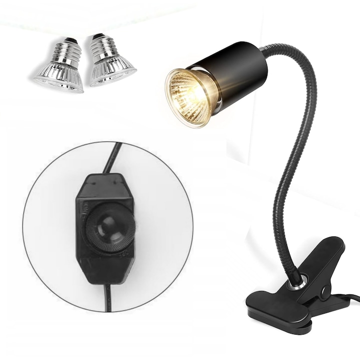 Set Lampa de caldura pentru reptile, Rotatie la 360°, 2 x 50W, Sticla, enkourakoko®, Negru