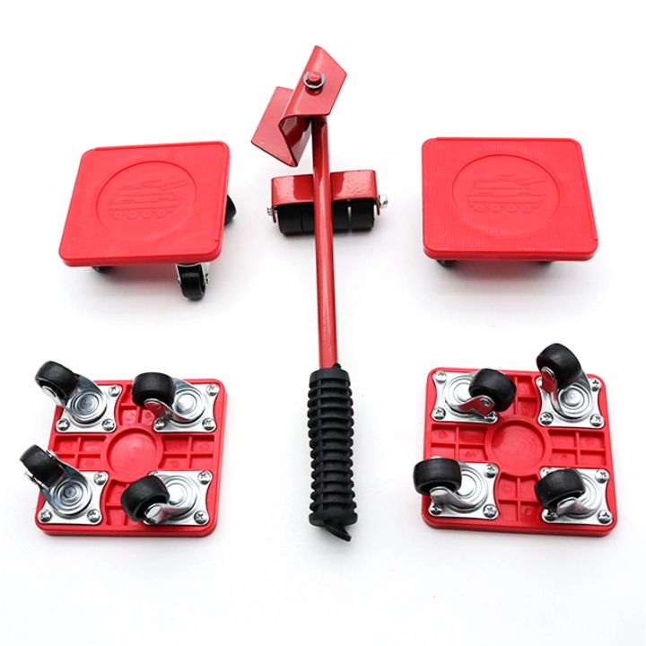 Комплект транспортна количка Tebnaild, метална, с въртящи се колела, червена, 5 бр + повдигач