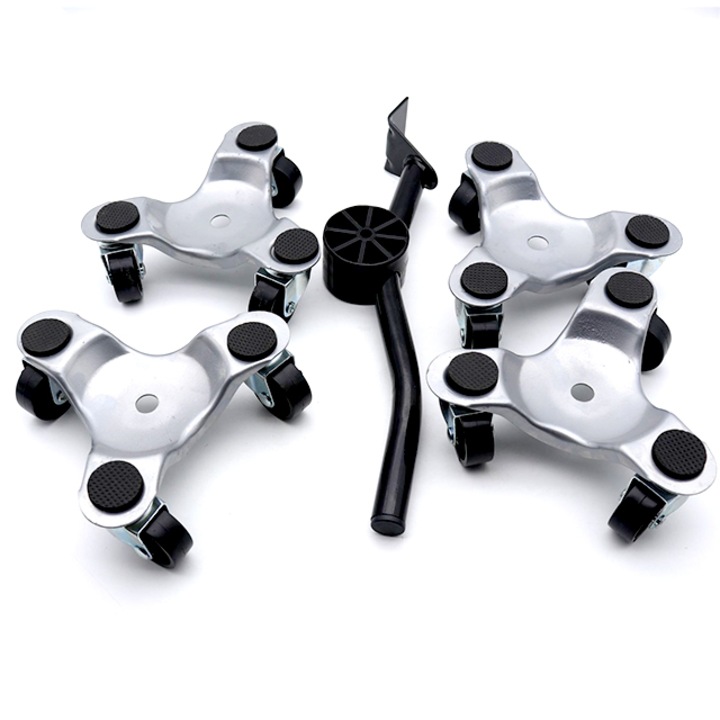 Комплект от 4 транспортни колички Tebnaild, стомана, PP въртящи се колела, капацитет 100 кг, сребристи