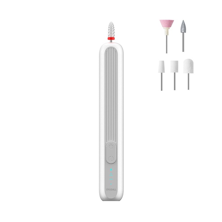 Професионална пила за нокти, EYUSALL, безжична електрическа пила за маникюр-педикюр, 6 глави на пила, 3 скорости, 15000 RPM, регулируема посока, акумулаторна, бяла