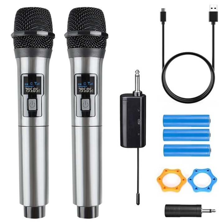 Комплект от 2 микрофона SDLOGAL, Digital, 30M, Безжични, Wireless receiver, 6.3mm, TYPE-C, Сребрист
