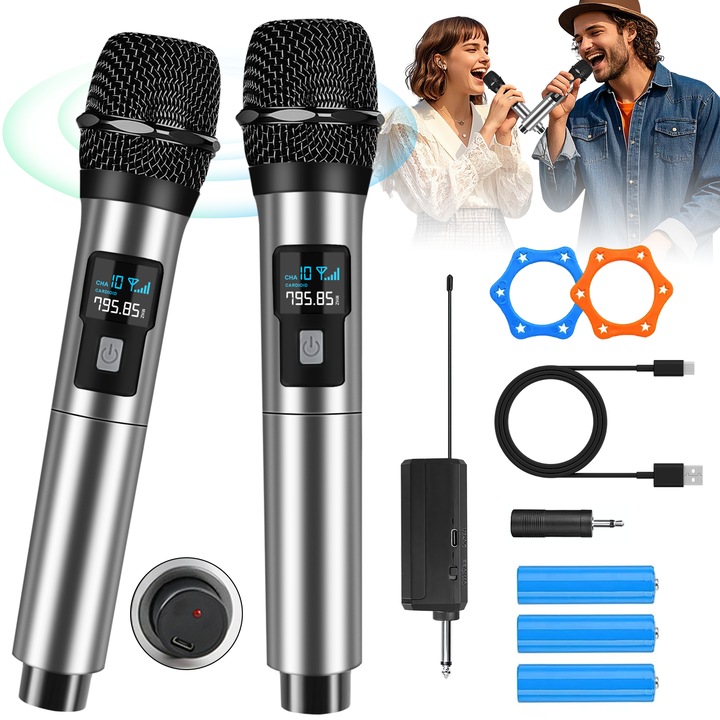 Set 2 microfoane wireless, SDLOGAL, UHF, Digital, Anulare Zgomot, 30M, Plug & Play, Receiver wireless, 6.3mm, TYPE-C, pentru Conferinte, Karaoke, Broadcasting, Discursuri, Inregistrari, Biserica, cu Afisaj LED, Argint