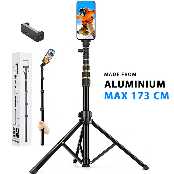 Trepied Telefon Telescopic, BYONDSELF®, 173CM, 1/4 Filet, Ajustare Nivel 5, Rotatie 360°, Purtand 5kg, cu Suport Telefon, Functie Selfie Stick, Aluminiu, pentru Camera Foto/Telefon/Gopro, Negru