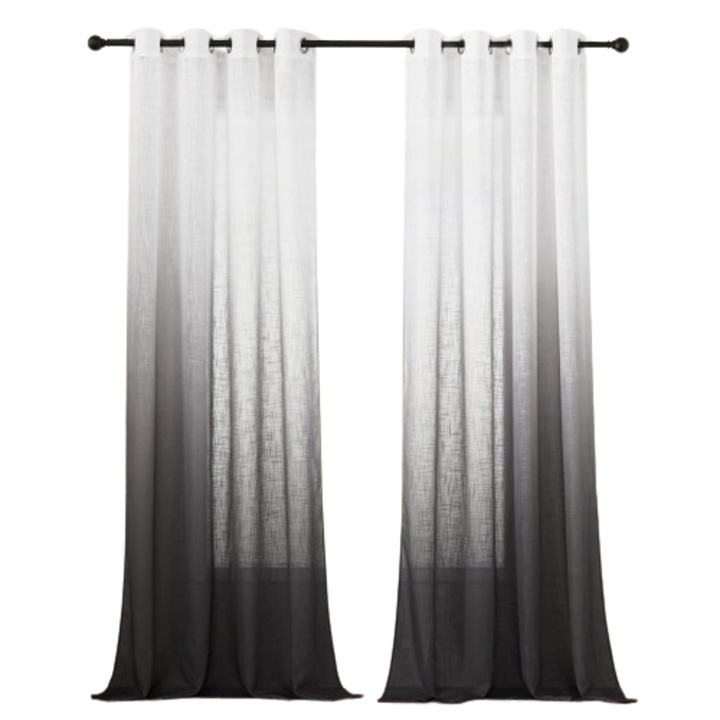 Perdele cu inele metalice, PONY DANCE, 140 x 245 cm, model Gradient, Semi transparente, Aspect de in, perfect pentru Ferestre si Usi Dormitor/ Living, Set 2 bucati, Negru si Alb