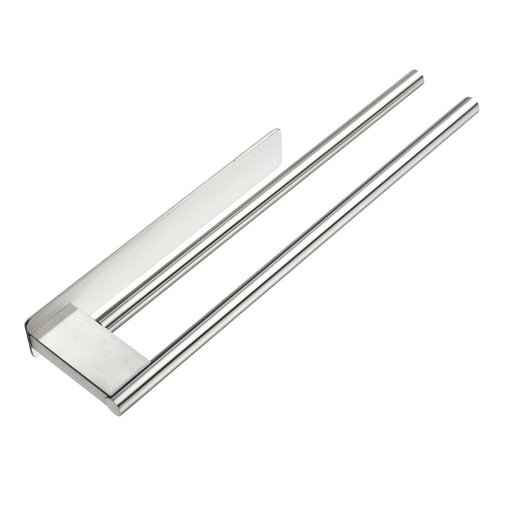 Törülközőtartó, 2 kar, fúrás nélkül, öntapadós, Rozsdamentes acél, 39 cm, Ezüst