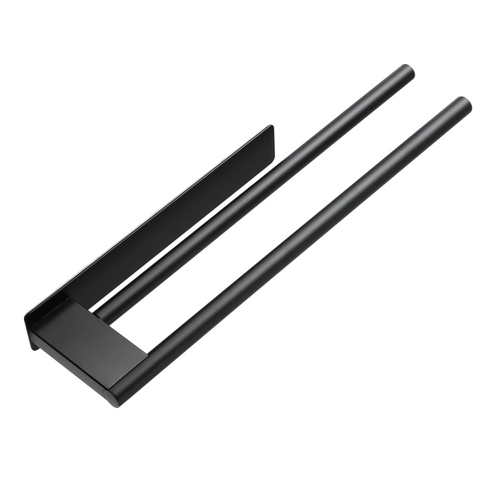 Törülközőtartó, 2 kar, fúrás nélkül, öntapadós, Rozsdamentes acél, 39 cm, Fekete