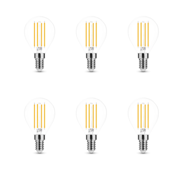 Комплект от 6 LED крушки Mini Globe с нажежаема жичка, E14, G45, 4W (еквивалент на 40W), 2700K, WW, топла светлина, 470 lm, Modee, енергиен клас E