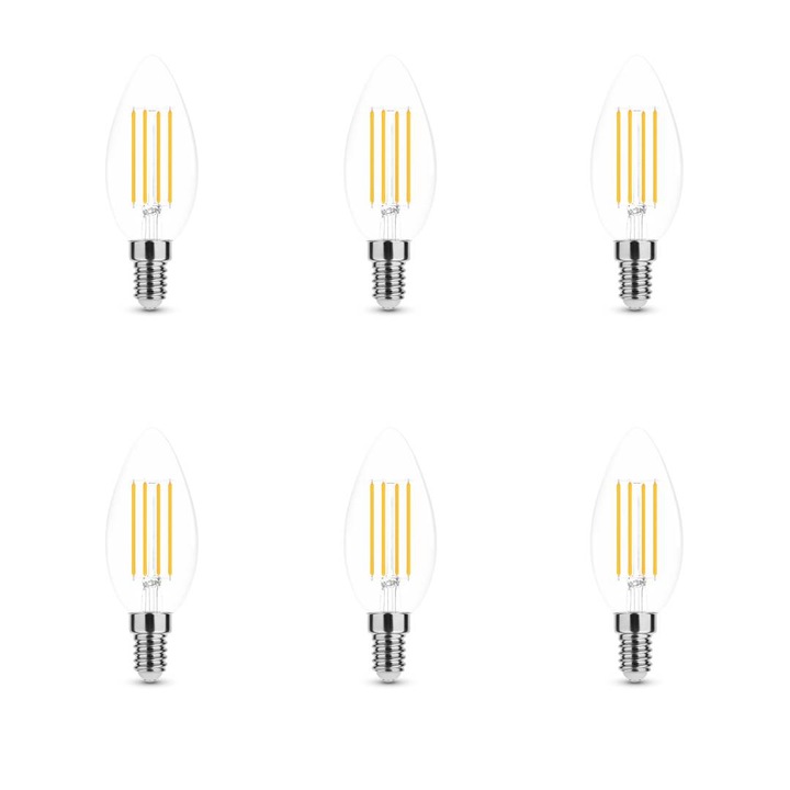 Комплект от 6 LED крушки Candle с нажежаема жичка, E14, C35, 4W (еквивалент на 40W), 2700K, WW, топла светлина, 470 lm, MODEE, енергиен клас E