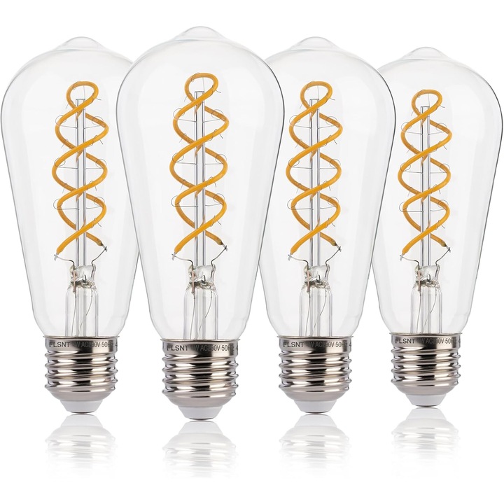 Set de 4 becuri LED edison FLSNT, ST58 vintage cu filament spiralat 4W (Echivalent 40W), baza E27, Alb Cald 2200K