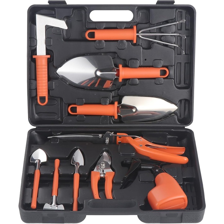 Set 10 Unelte de Gradina, Cyrax, pentru Plantare Prelucrare Sol si Ingrijire Plante, Manere Portocalii, Material PVC si Otel Inoxidabil, Cutie Inclusa, 37x28x7 cm, Negru