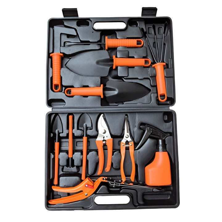 Set 12 Unelte de Gradina, By Fitilomania, pentru Plantare Prelucrare Sol si Ingrijire Plante, Manere Portocalii, Material PVC si Cardboard, Cutie Inclusa, 37x28 cm, Negru