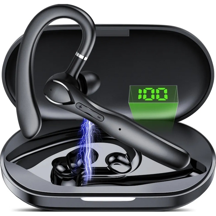 Vezeték nélküli headset, zajszűrővel, 2 mikrofon, érintés, töltődoboz, HD hang, fekete