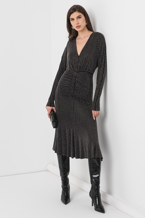 Pinko, Rochie midi cambrata cu decolteu in V, Negru