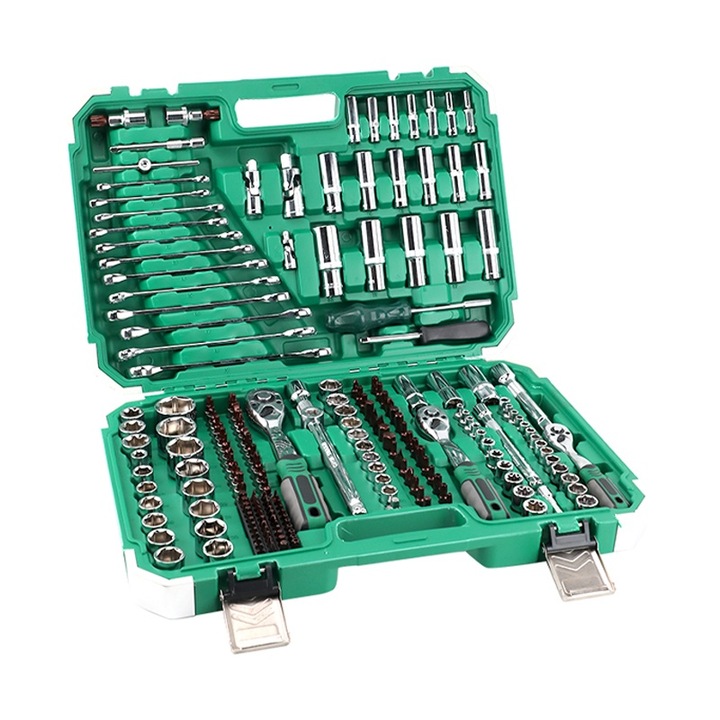 Set Scule Auto Completa 216 Piese Profesioniste, Ol Aliat Cr-V Cutie Verde cu 2 Niveluri, Kit Service Universal Masini