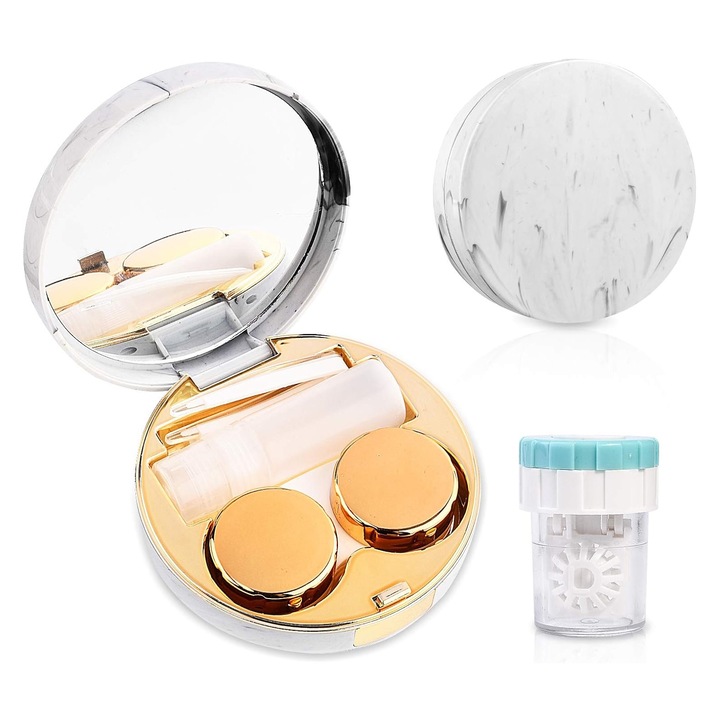 Aplicator lentile de contact in caseta, SINBINTA, Cu garnitura de curatare, portabil, Design rezistent la scurgeri, Stil unic de marmura, Pentru birou, acasa, uz zilnic, calatorii, Plastic, 7.5 x 2.7cm, Auriu