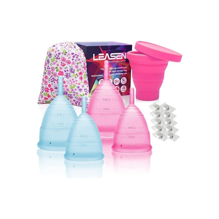 Kit menstrual din silicon moale, design premium, 2 x cupe pentru perioada mica, 2 x cupe mari, 1x husa din bumbac, 1 x 200 ml sterilizator, 10 x prosoape de curatat de unica folosinta, LEASEN