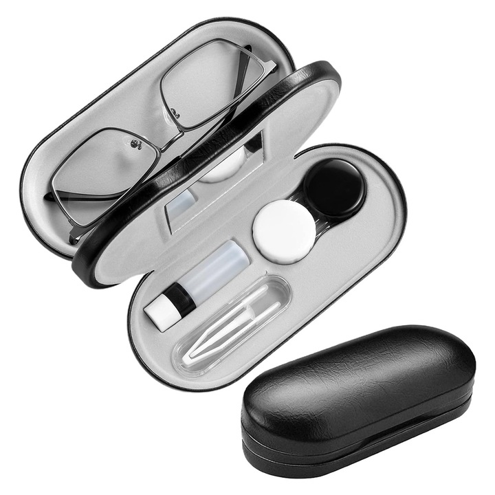 Toc pentru ochelari, SINBINTA, Design 2 in 1, Cu Oglinda, penseta, conexiune stick, sticla de solutie, Usor de purtat, puternica si durabila, Preveniti zgarieturile si spargerea ochelarilor, Piele, 15.8 x 7.5 x 5.5cm, Negru