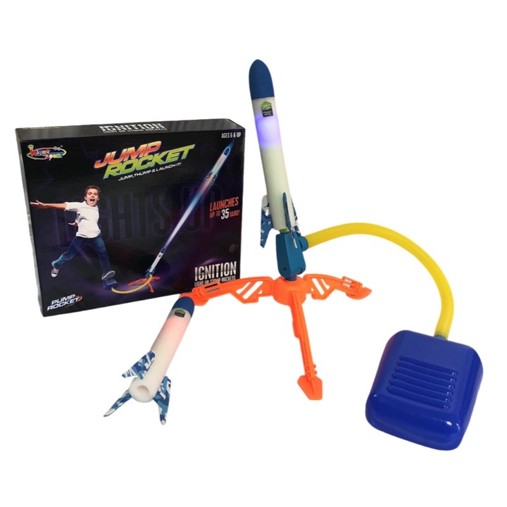 Interaktív játék, gyerekeknek, lábos rakétavető, 2 könnyű rakéta, kilövőbázis, többszínű