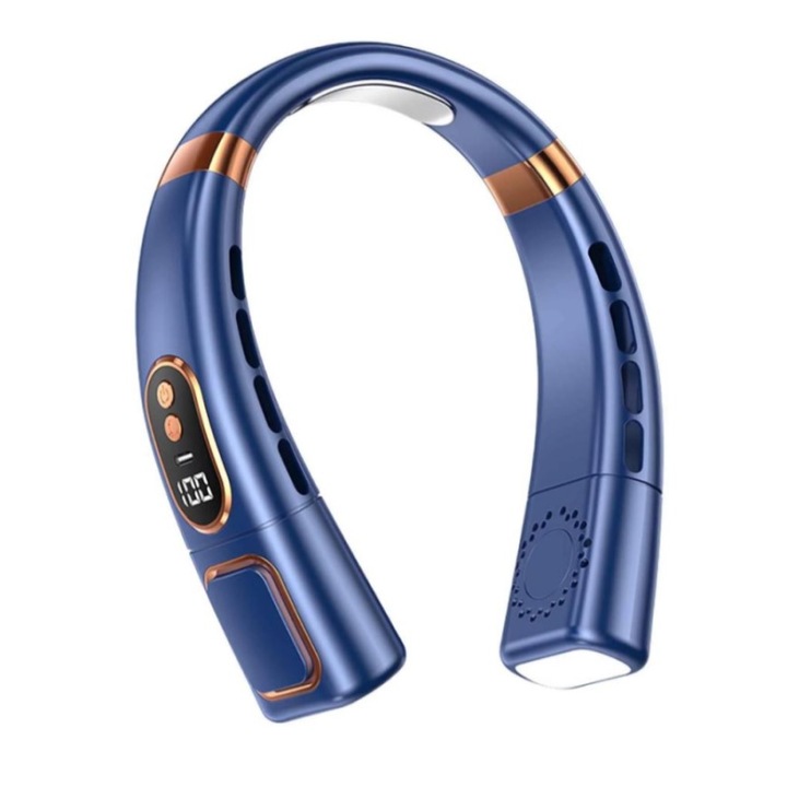 Преносим вентилатор за врата с околни или диско светлини, LED дисплей, 5 скорости, модерен дизайн, USB тип C зареждане, без перка, безшумен, издръжлива батерия, свободни ръце