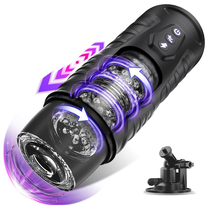 Set Masturbator Automat Yingyun®, 7 moduri de impingere si 7 de rotire, Texturi 3D realiste, Fereastra vizuala si design anti-alunecare, Incarcare USB, Ventuza inclusa, Negru