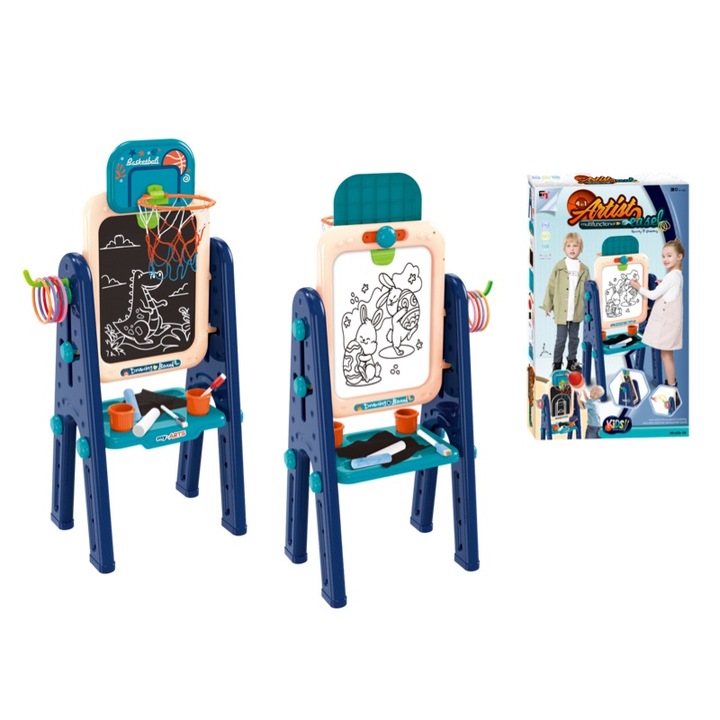 Tabla de desen 3-in-1 pentru copii, set cu accesorii pictura, ajustabila, albastru, 100cm