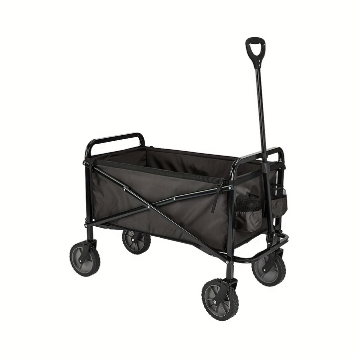 Сгъваема къмпинг количка, преносима мини количка, здрава метална рамка, големи колела, идеална за носене на багаж, черна