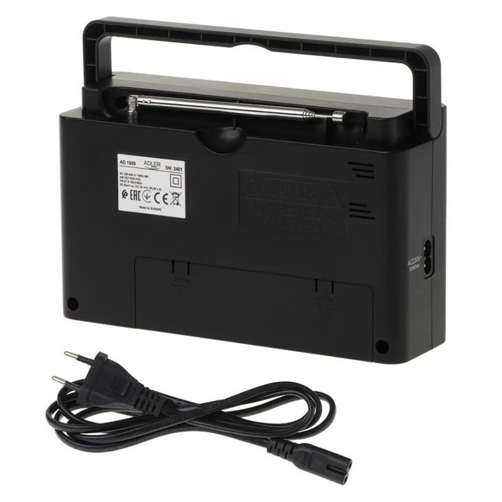 ADLER hordozható rádió, AM/FM, teleszkópos antenna, 4W, fekete