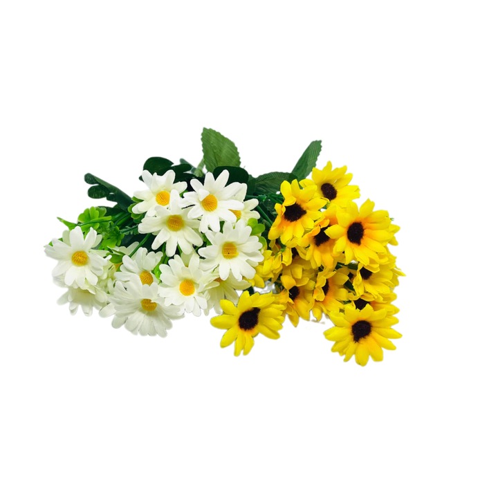 Set 2 buchete flori artificiale de camp, galbene si albe, 5 tije