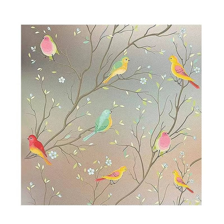 Folie autoadeziva pentru geam, cu pasari si flori, protectie UV, fara adeziv, PVC, 45x200cm