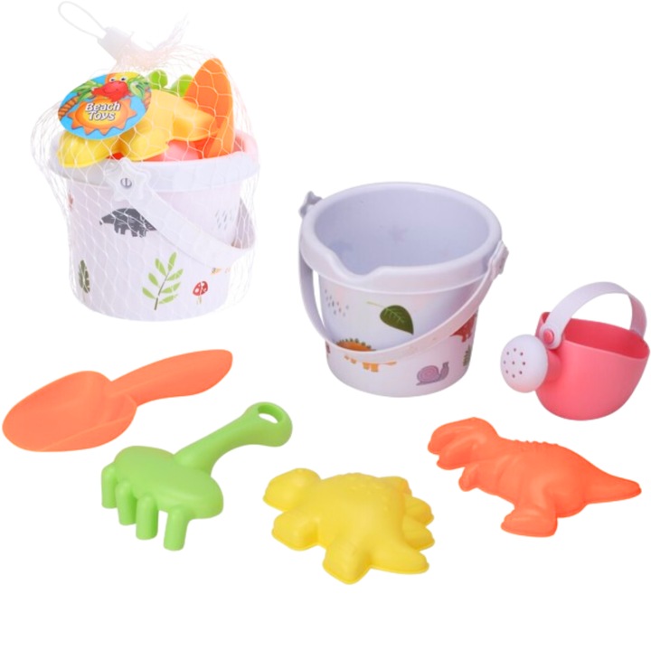 Комплект играчки за плаж, Opengarden, Издръжлива гума, Кофа, Форма за динозаври, Височина 11 см, Диаметър 13 см, Многоцветен