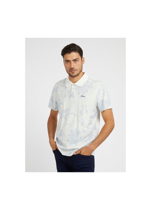 Tricou barbati GUESS JEANS, regular fit, polo cu 2 butoane, in/bumbac, broderie logo, design floral, alb, M