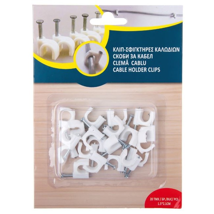 Set 20 Cleme Antbro®, pentru fixarea cablurilor pe perete, albe, 1.5x2.1 cm