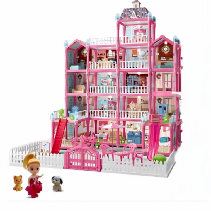 Casuta de Papusi cu 5 Etaje, 16 Camere, Papusi Incluse, Accesorii de Mobilier Detasabile, Functie de Iluminare, Dimensiuni Generoase 78x62.5x61 cm, Roz Deschis, Model 556-57, Ideal pentru Copii pentru Stimularea Jocului de Rol