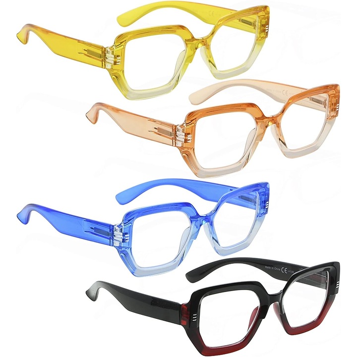 Set de 4 Ochelari de Citit, Eyekepper, de dama, cu etui, +3.00, galben/portocaliu.albastru/negru