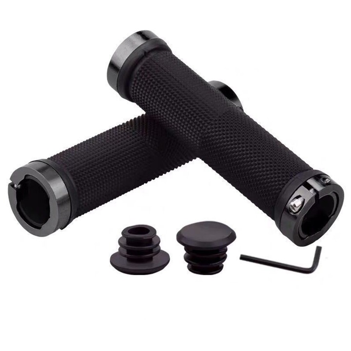 Set mansoane biciclete, universal, cauciuc/aluminiu, antiderapante, negru, 22mmx130mm