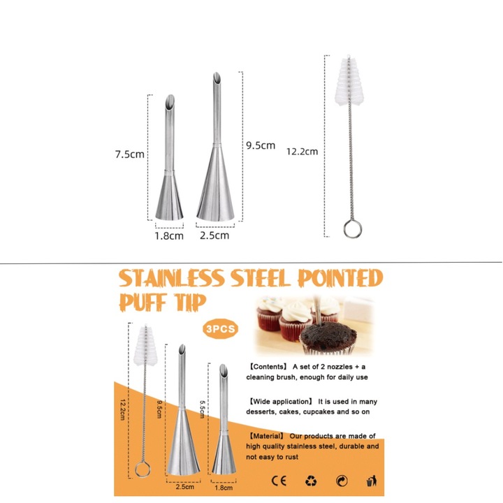 Комплект дюзи за пълнене от неръждаема стомана, 2 дюзи (5 мм, 6 мм), четка за почистване, за торти, многоцветна