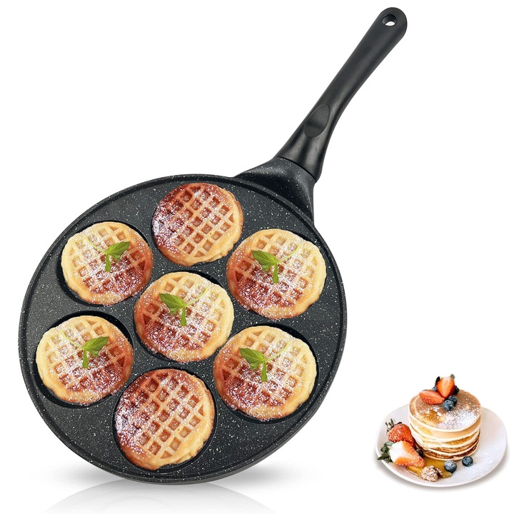 Demine 7 üreges gofrisütő, Öntött alumínium sütőlap, Tapadásmentes felület, Könnyen tisztítható, Tökéletes 3 hüvelykes palacsintához, Méretek 46,5x26,5x1,7 cm, Súly 636 g