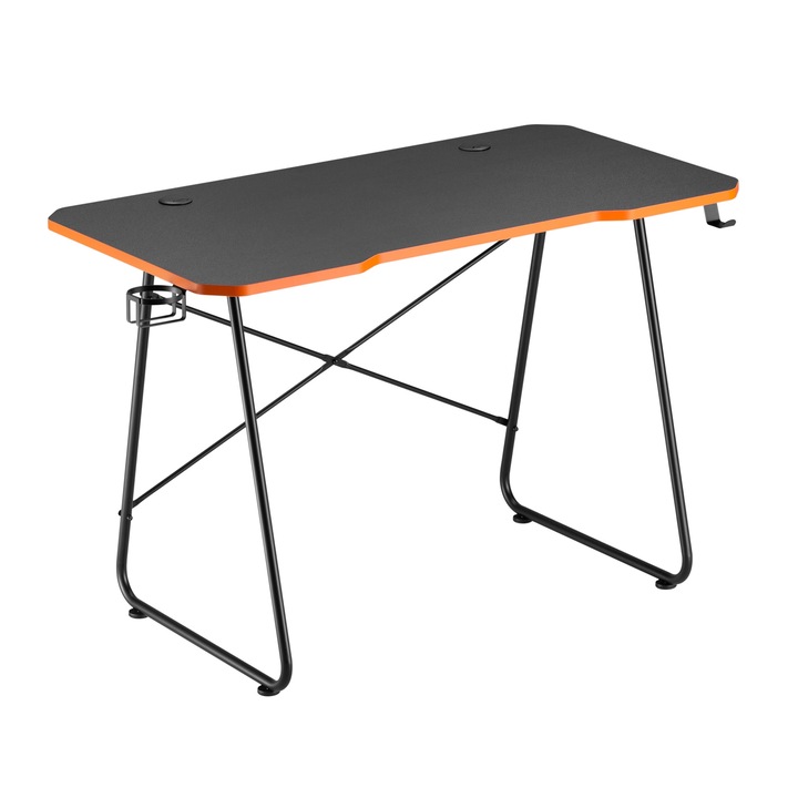 Геймърско бюро StableDesk Lite, държач за чаши и слушалки, двоен органайзер за кабели, черно / оранжево 112 x 60 cm
