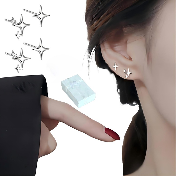 Cercei dama, JUDASTAR, stele asimetrice, set de 4, argintiu S925